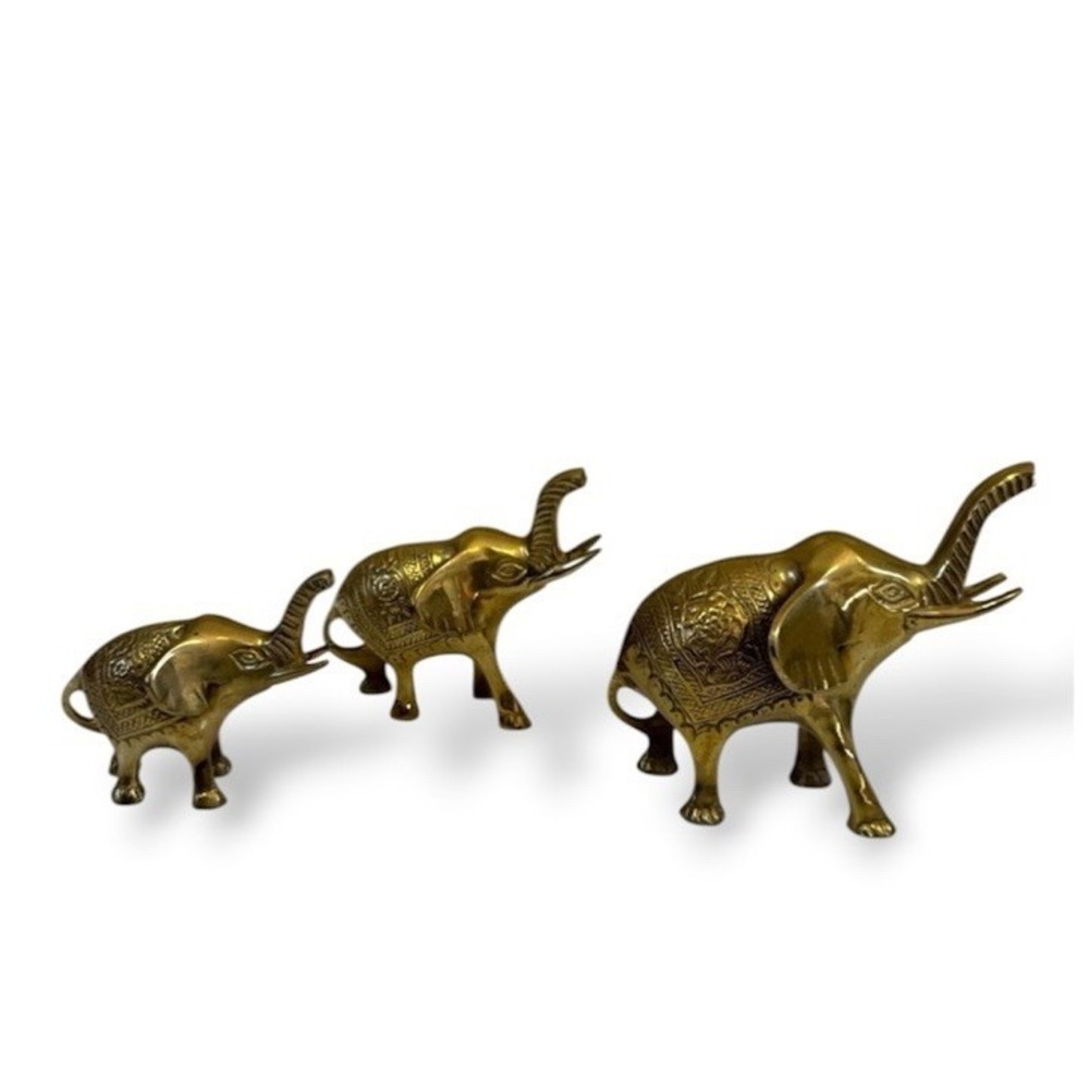 Vintage Solid Brass Elephant Figurines Lot (3) Good Luck Trunk Up Mama & Babies